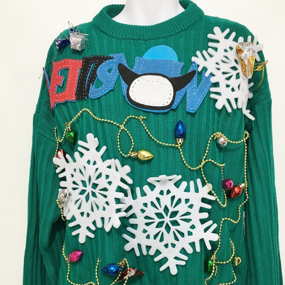 Ugly Christmas Sweater M Todays News Green Let It Snow Flakes Gold Beads